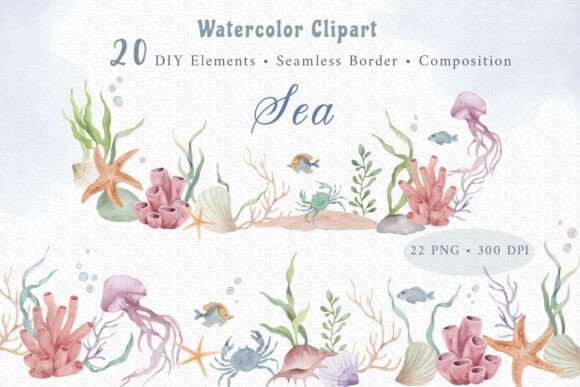 Download Painted Watercolor Sea Life Clipart Set - Set Collection