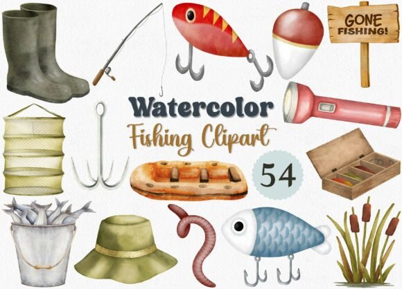 Download Watercolor Fishing Clipart Set, 54 PNG - Set Collection