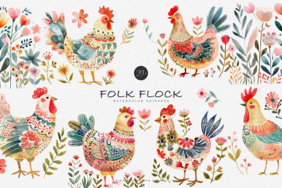 Download Watercolor Folk Chicken Clipart Set - Set Collection