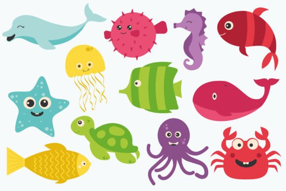 Download Cute Kawaii Sea Animals Clipart Set - Set Collection