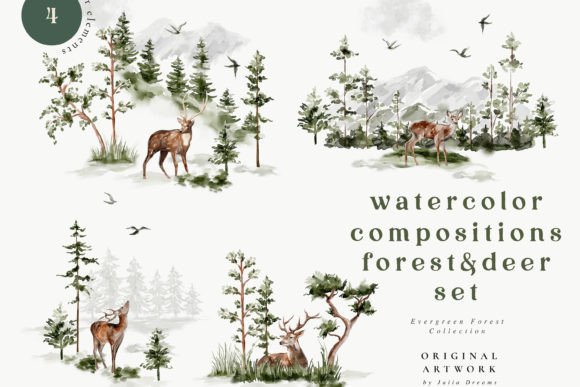 Download Watercolor Forest Deer Clipart Set - Set Collection