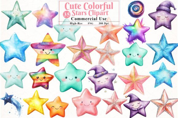 Download Cute Colorful Watercolor Stars Clipart - Stars Collection