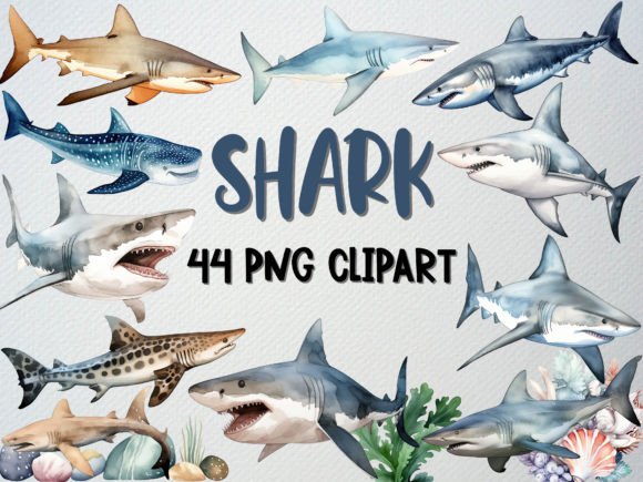Download Watercolor Shark Clipart Set of 44 PNG - Set Collection