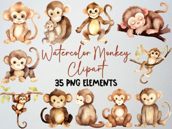 Download Watercolor Monkey Clipart Set, 35 PNG - Set Collection
